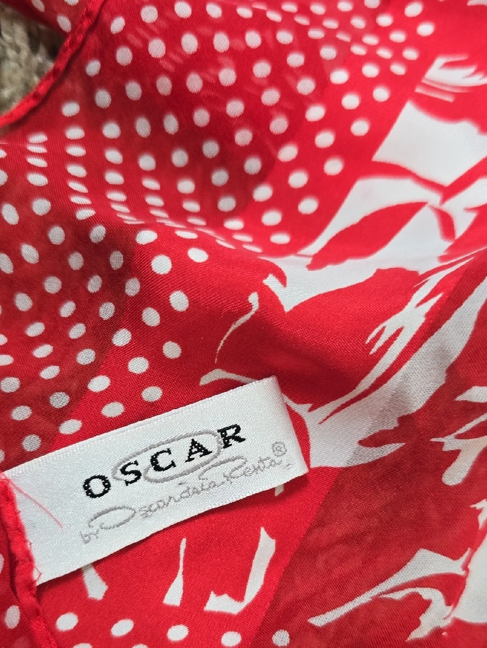 Oscar De La Renta Red Floral & Polka Dot Lightweight Scarf 100% Silk